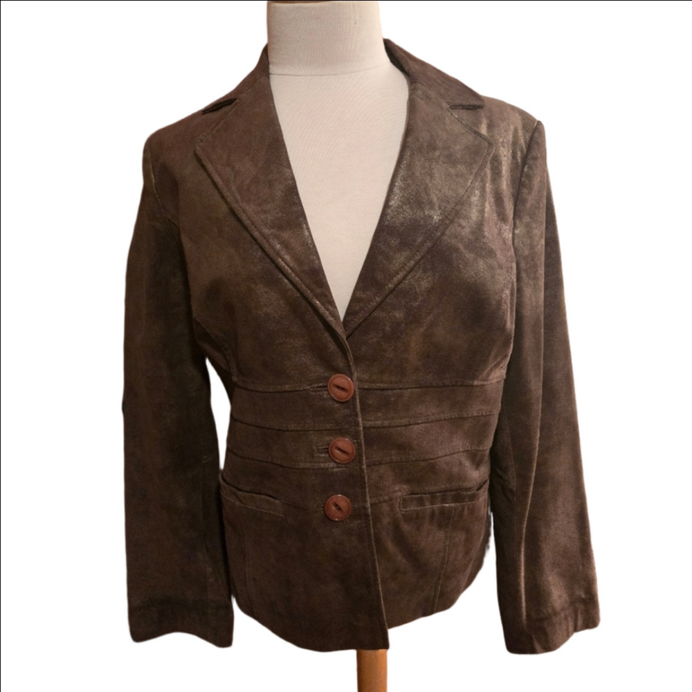 Bernardo Brown Leather Blazer Vintage Distressed Jacket M